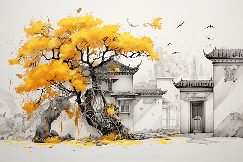 水墨江南小镇晕染插画