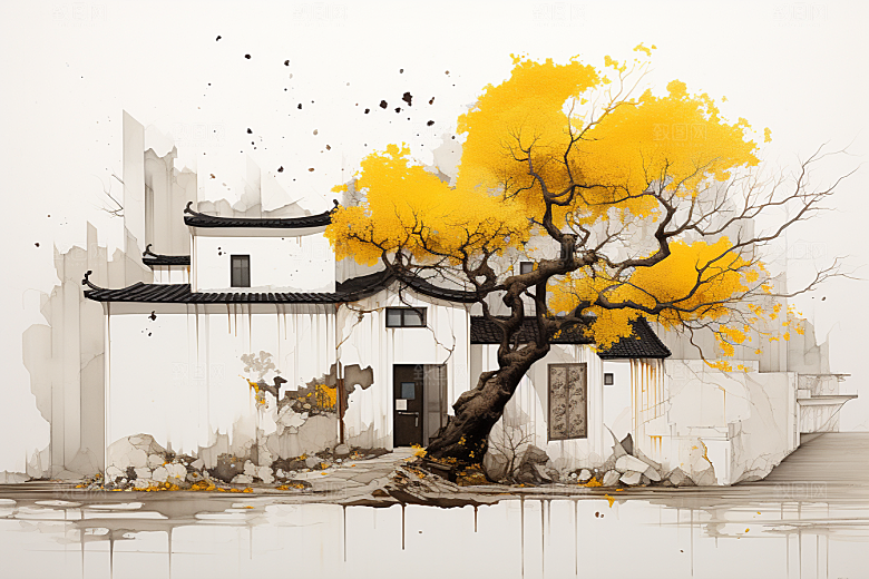 水墨江南晕染手绘插画