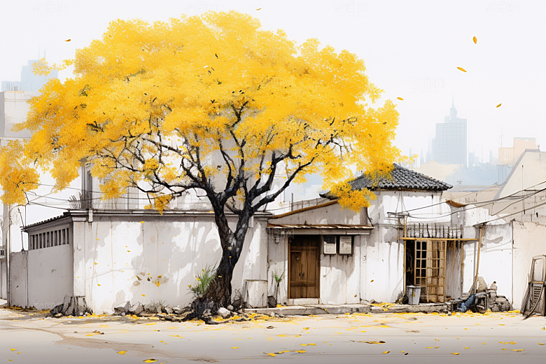 水墨江南粉墙黛瓦手绘插画