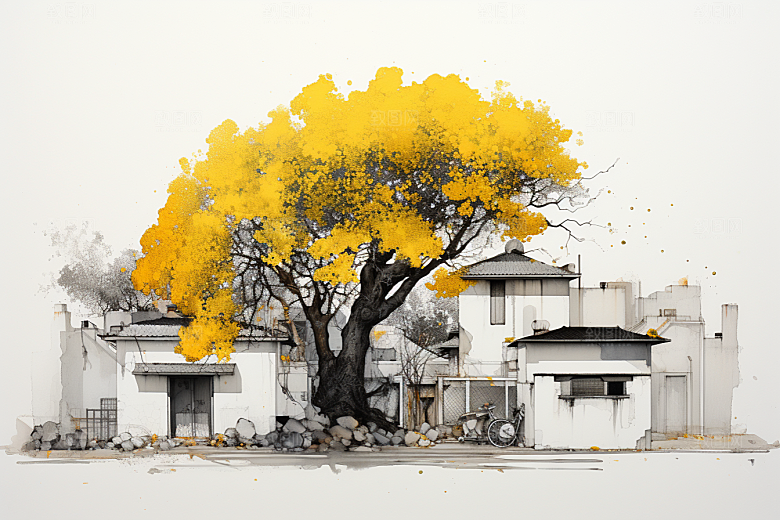 水墨江南晕染小镇插画