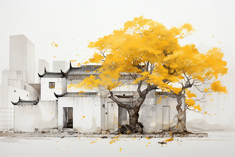 水墨江南小镇小桥流水插画