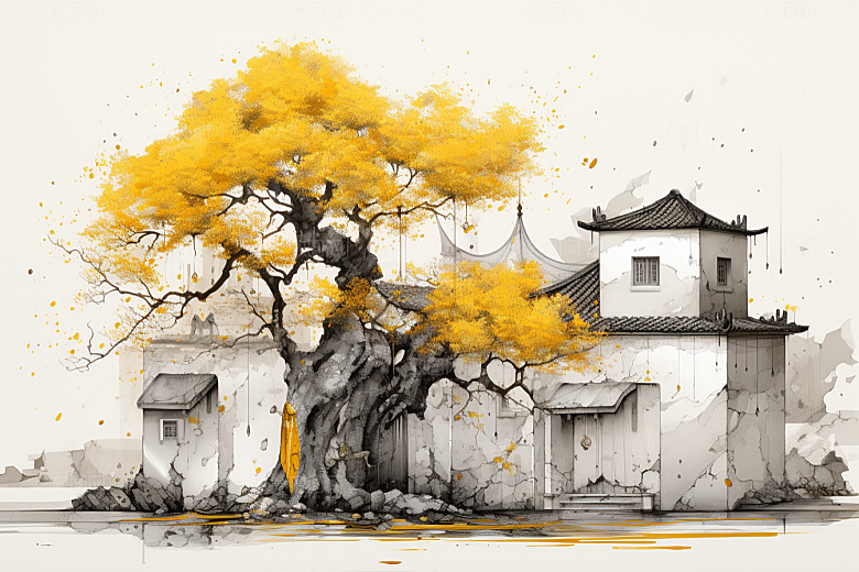 水墨江南水乡晕染插画