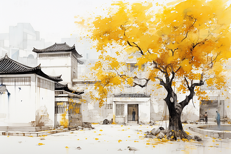 水墨江南中式小桥流水插画
