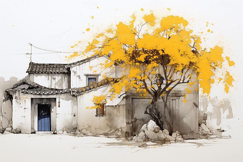水墨江南粉墙黛瓦中国风插画