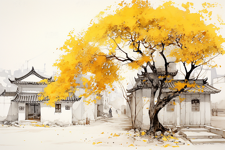 水墨江南中式水彩插画