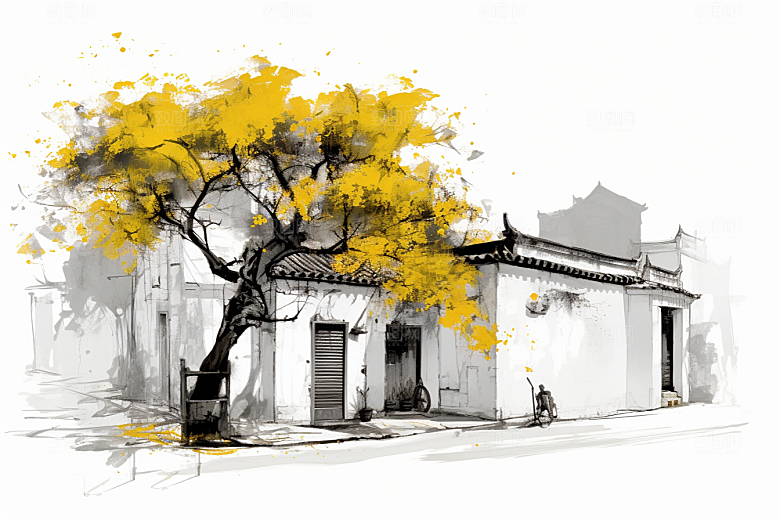 水墨江南小桥流水晕染插画