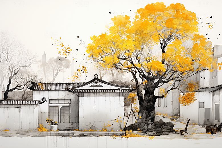 水墨江南晕染小桥流水插画
