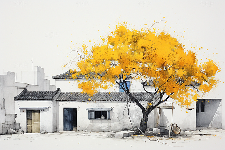 水墨江南水彩手绘插画