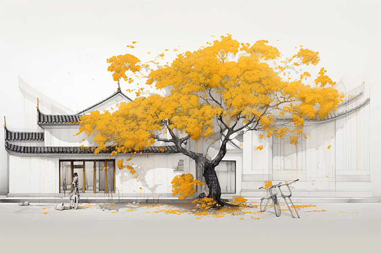 水墨江南手绘粉墙黛瓦插画