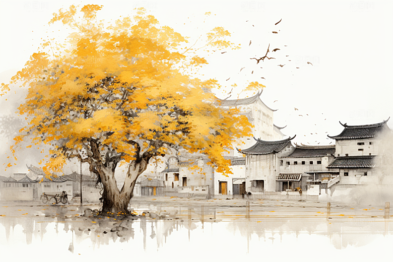 水墨江南晕染粉墙黛瓦插画