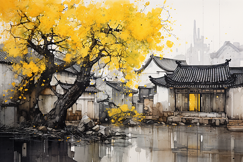 水墨江南中式小镇插画