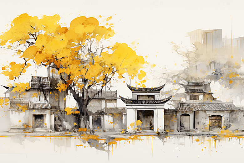 水墨江南小桥流水手绘插画