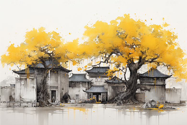 水墨江南中式粉墙黛瓦插画
