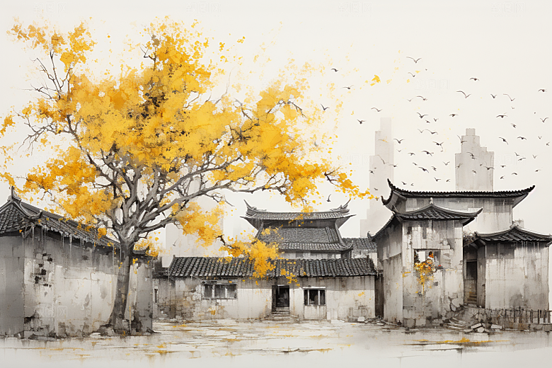 水墨江南水乡粉墙黛瓦插画