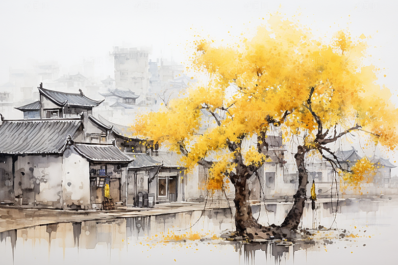 水墨江南晕染粉墙黛瓦插画