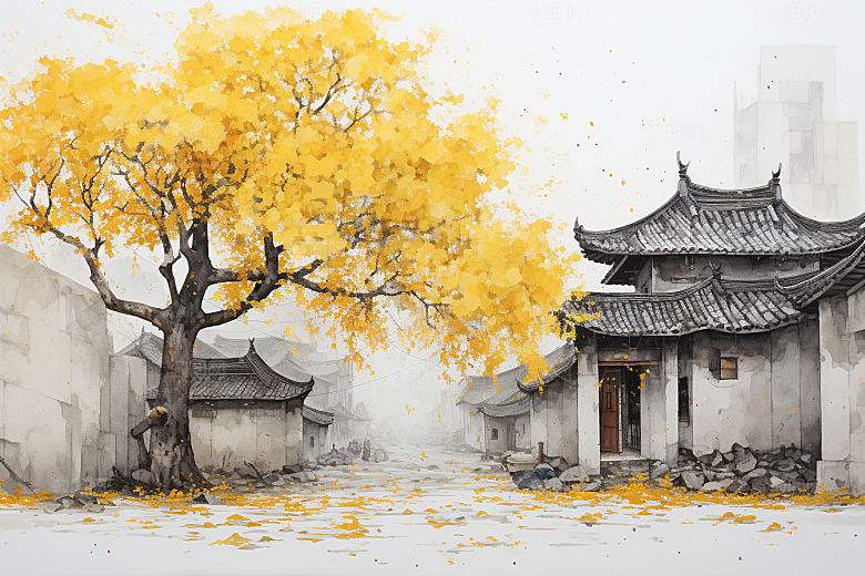 水墨江南小桥流水粉墙黛瓦插画