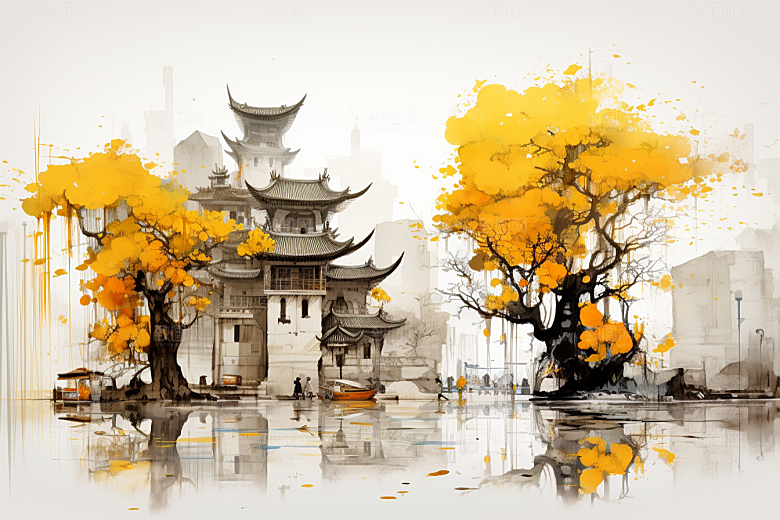 水墨江南粉墙黛瓦中式插画