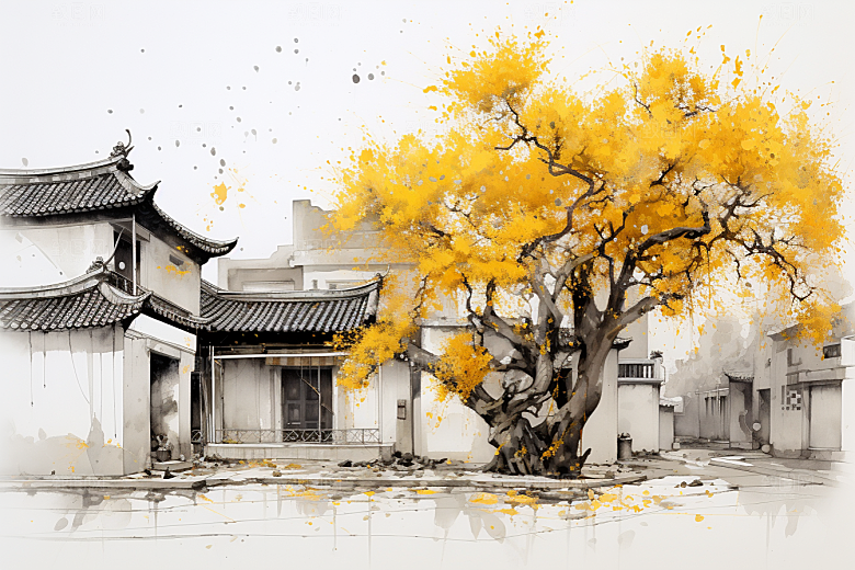 水墨江南小桥流水水乡插画