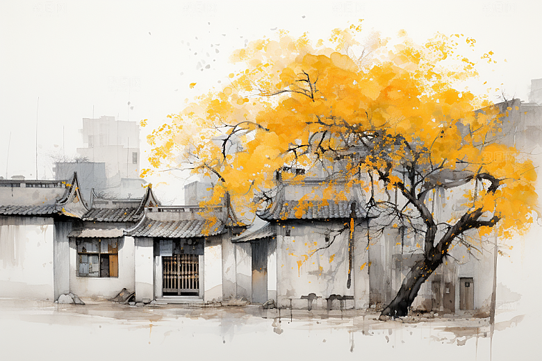 水墨江南晕染手绘插画