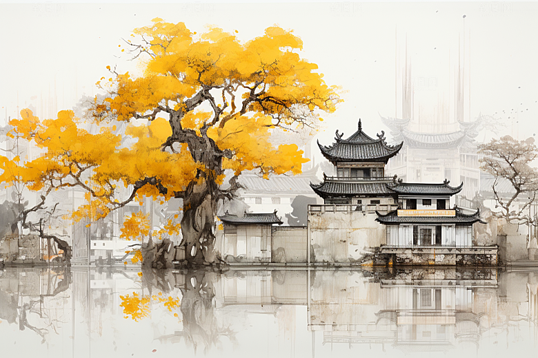 水墨江南手绘小镇插画