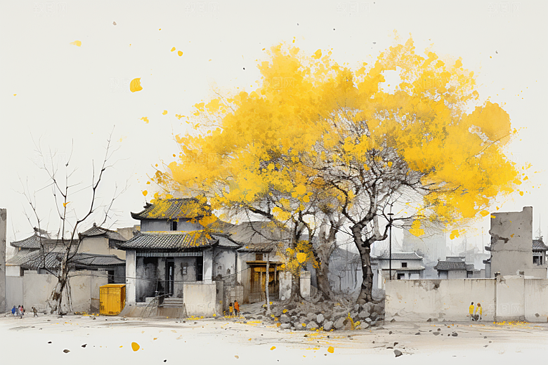 水墨江南晕染水彩插画
