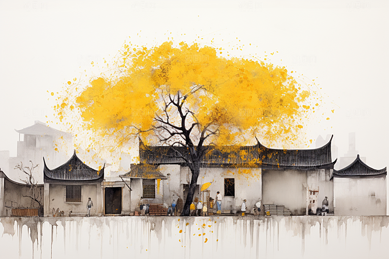 水墨江南中国风小镇插画