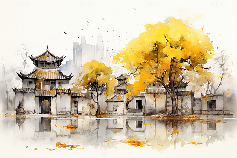 水墨江南水乡手绘插画