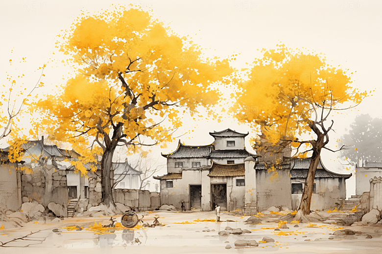 水墨江南粉墙黛瓦中国风插画