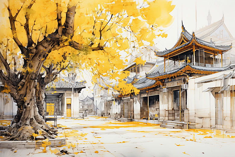 水墨江南小镇中国风插画