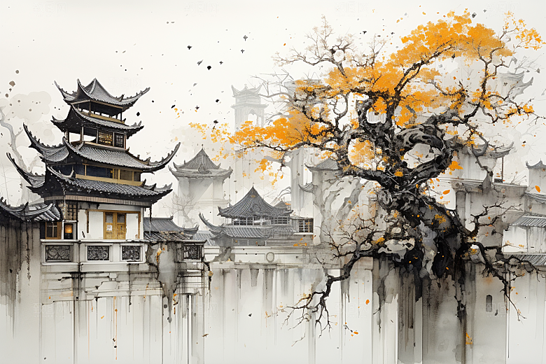 水墨江南中式手绘插画