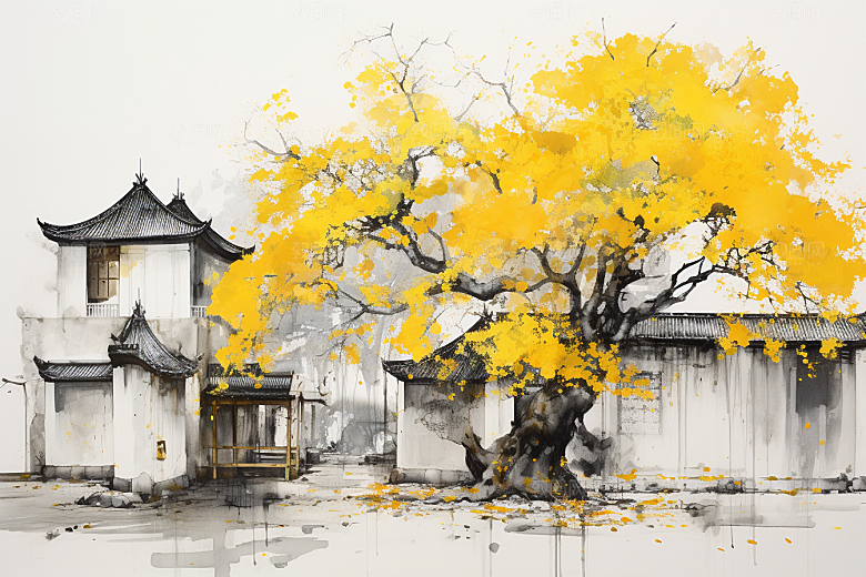 水墨江南水彩小镇插画