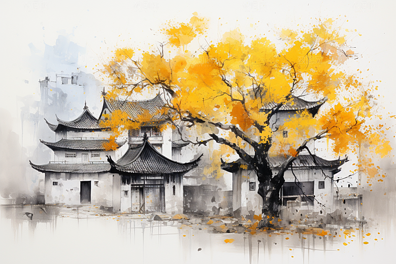 水墨江南中式小桥流水插画