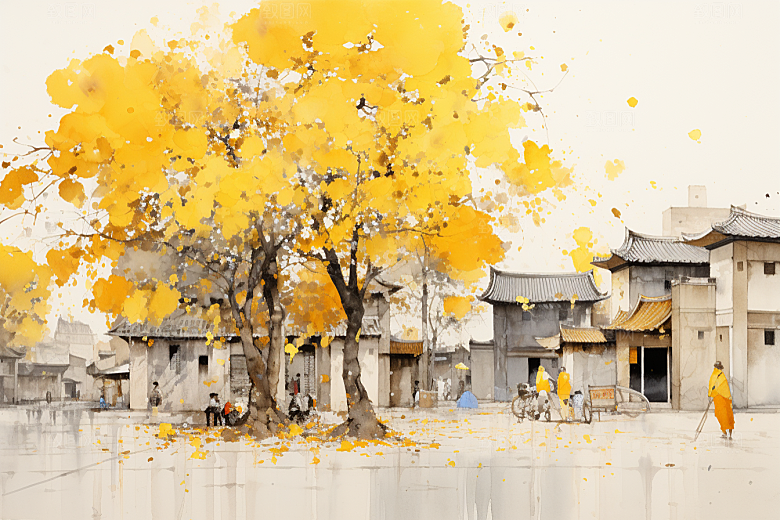 水墨江南小镇水彩插画