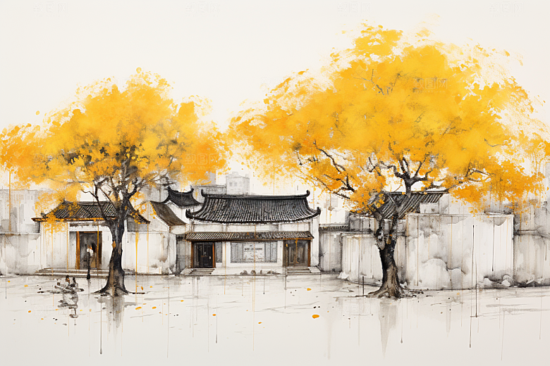 水墨江南中式小桥流水插画