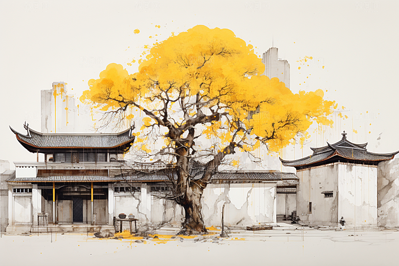水墨江南水彩小桥流水插画