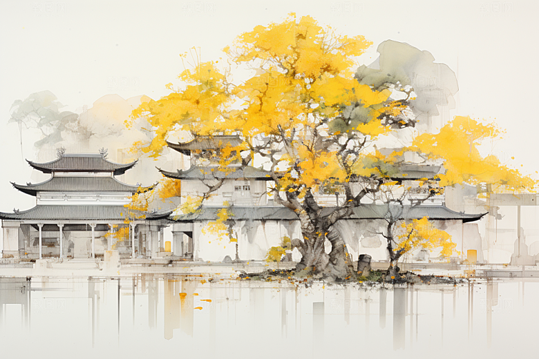 水墨江南水彩晕染插画