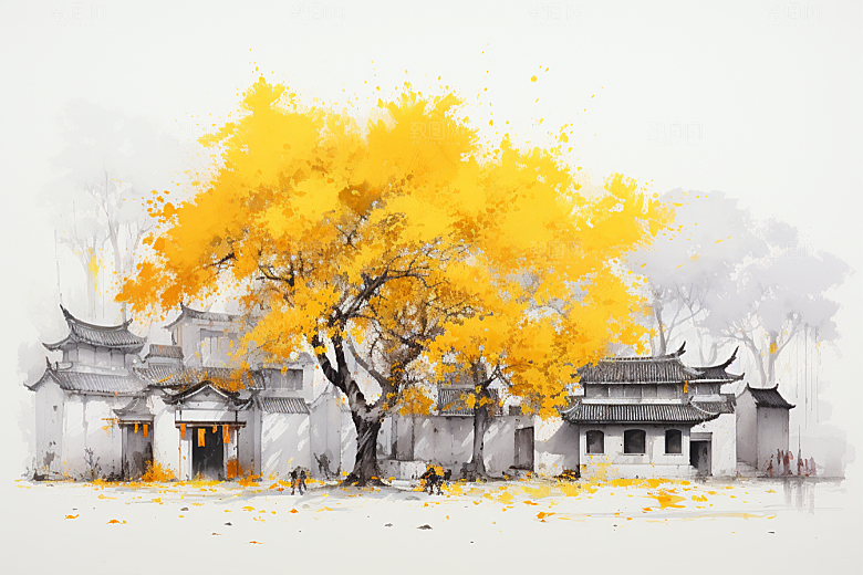 水墨江南粉墙黛瓦晕染插画