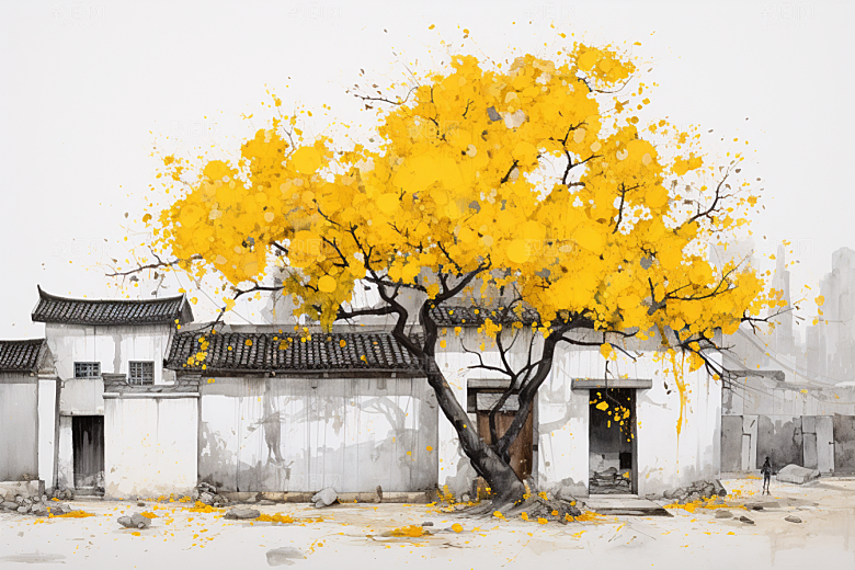 水墨江南晕染小镇插画