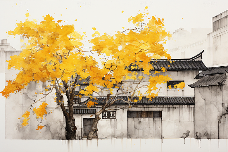 水墨江南水乡手绘插画
