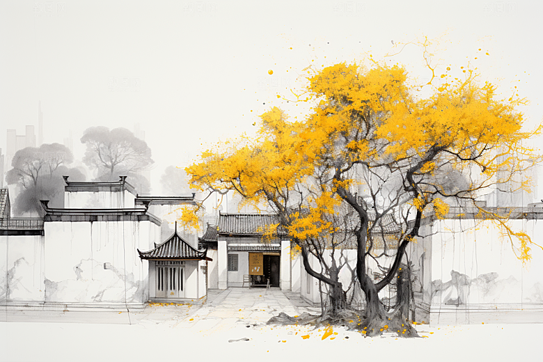 水墨江南水乡小桥流水插画