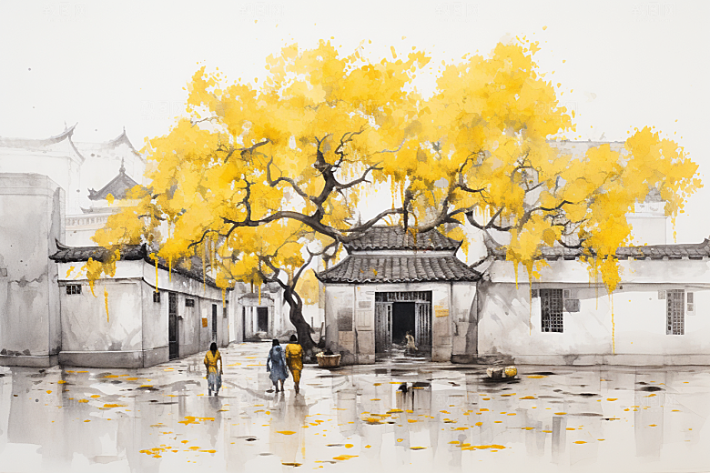 水墨江南水彩小桥流水插画
