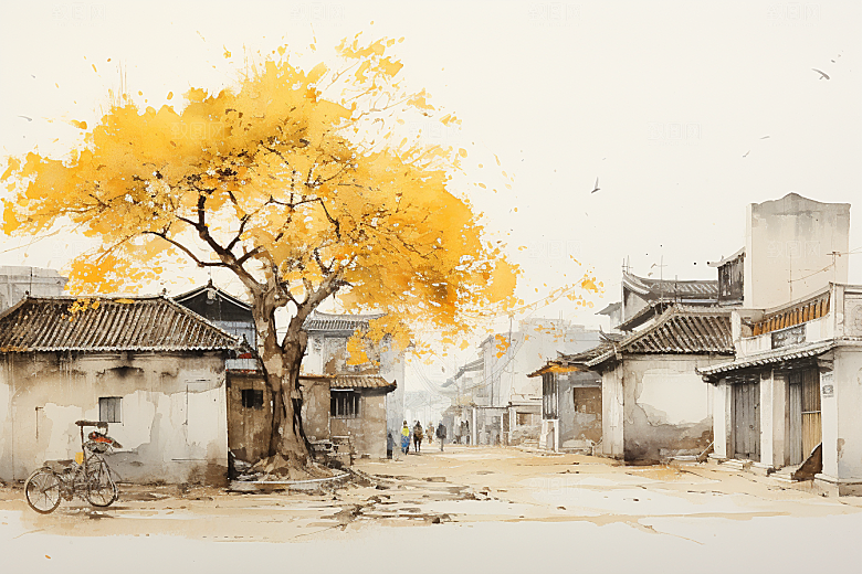 水墨江南水乡粉墙黛瓦插画