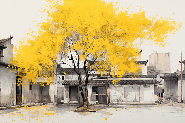水墨江南中式小镇插画