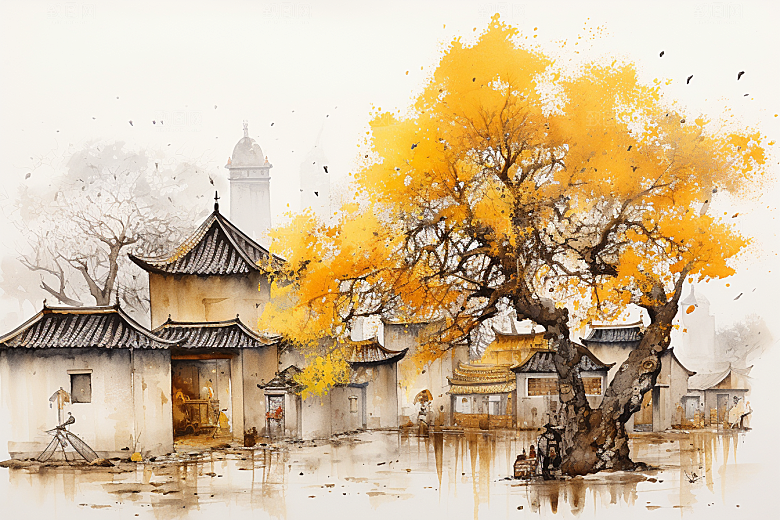 水墨江南中式水乡插画