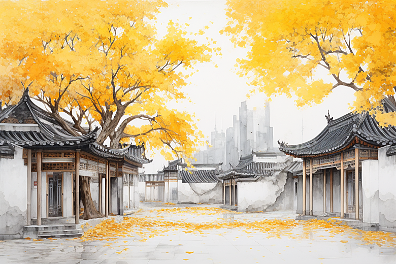 水墨江南晕染粉墙黛瓦插画