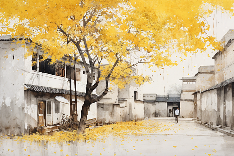 水墨江南中式小镇插画