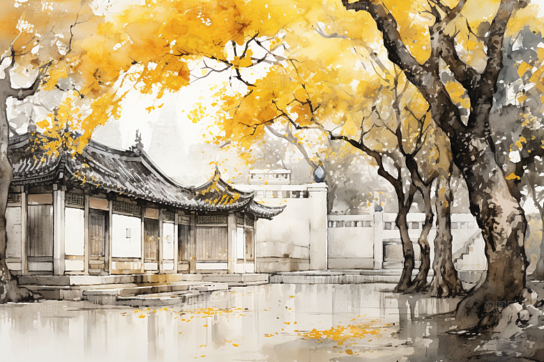 水墨江南手绘晕染插画