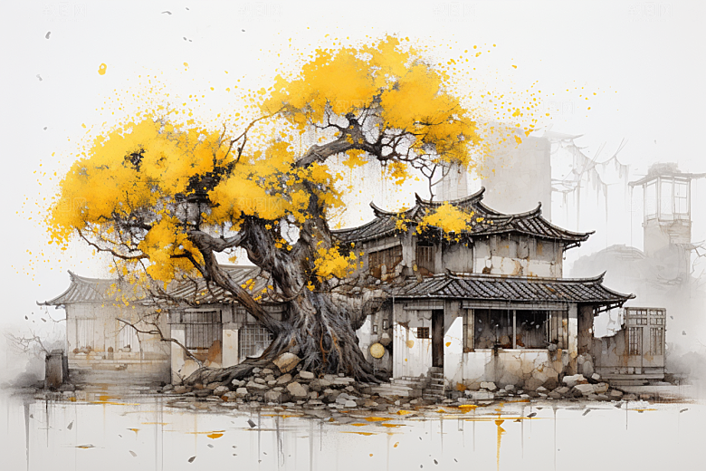 水墨江南小镇晕染插画