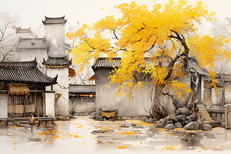 水墨江南中式晕染插画