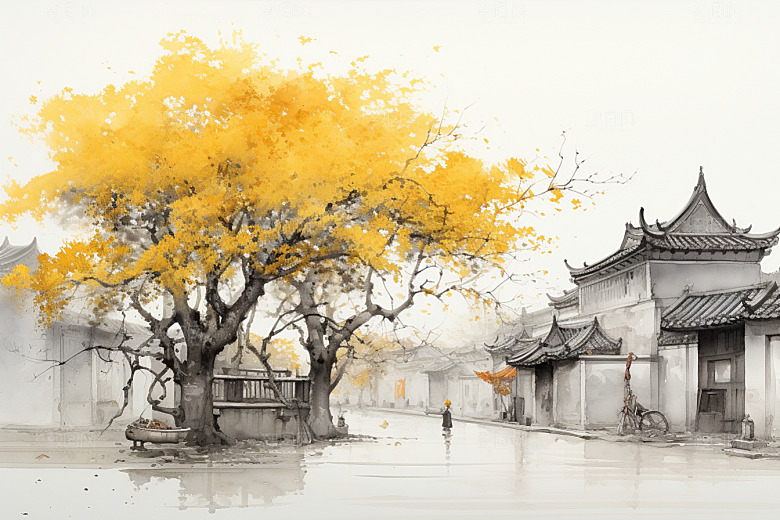 水墨江南中式晕染插画
